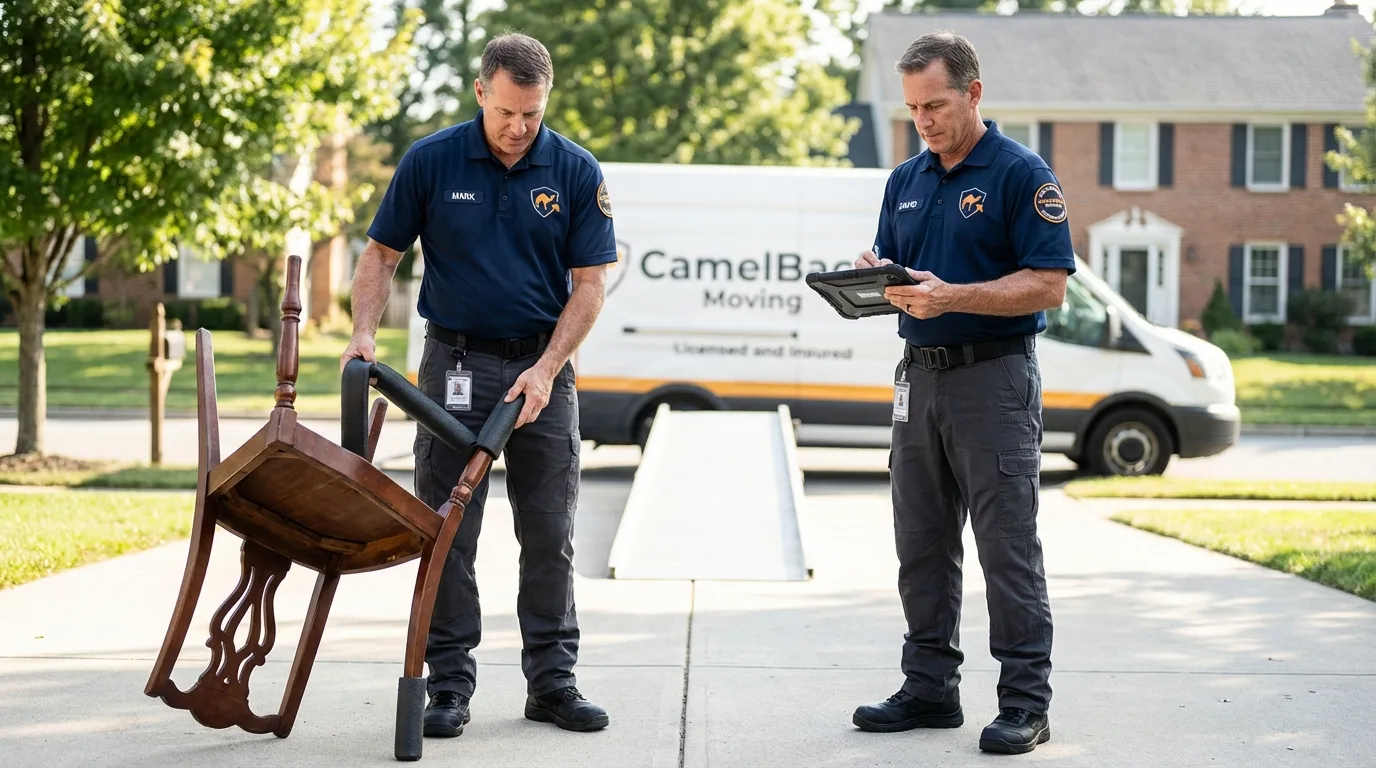 Movers inspecting furniture for damage prevention before loading in Dravosburg, PA