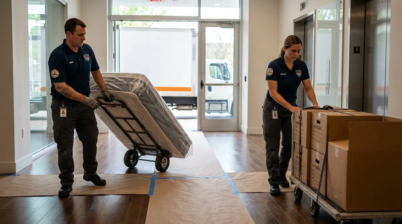 Professional apartment movers loading elevator in Dravosburg, PA