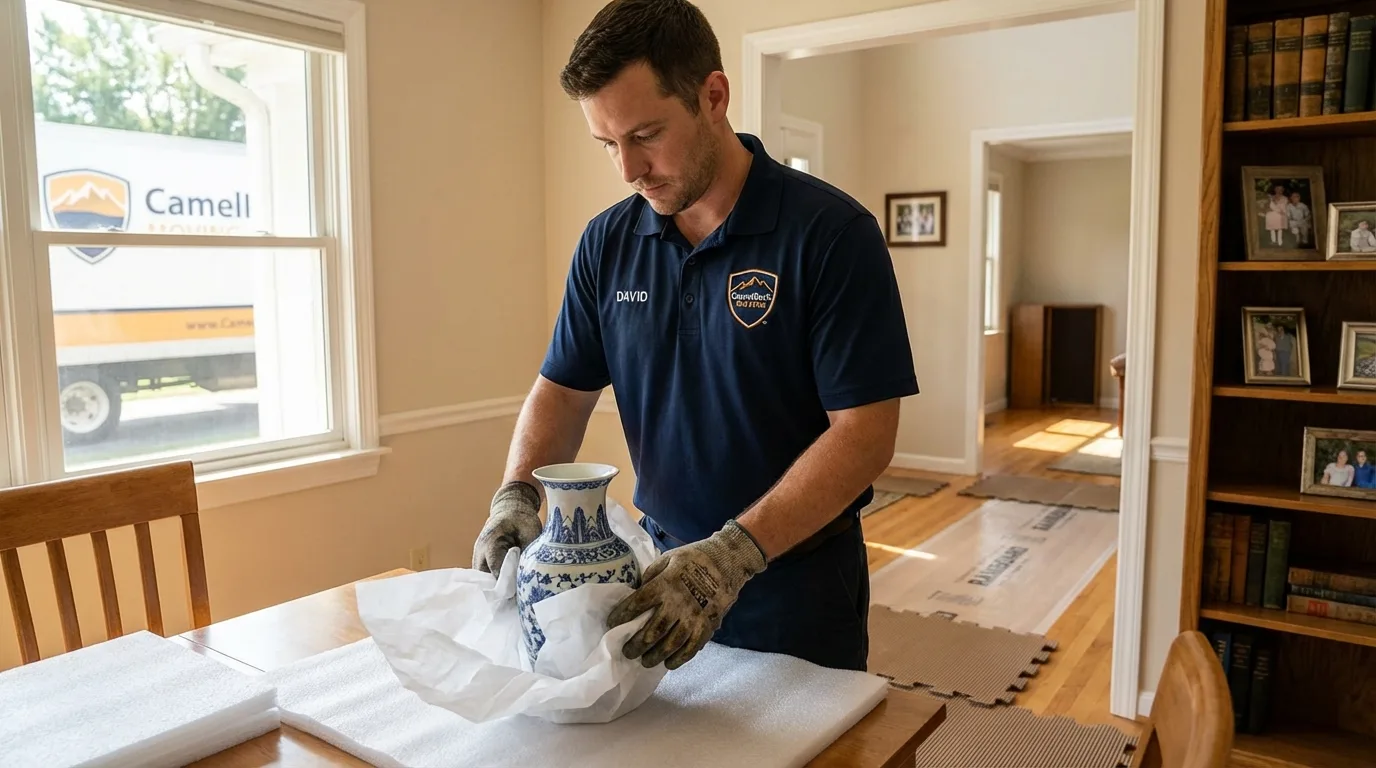 Professional crew carefully wrapping antique vase for senior downsizing move in Dravosburg, PA